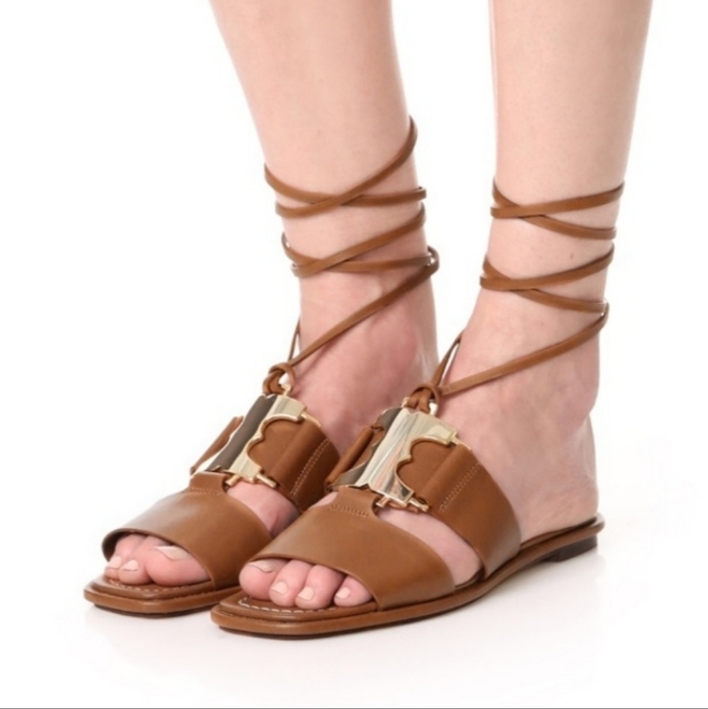 Tory Burch Brown Leather Ankle Wrap Sandals with Gold Hardware